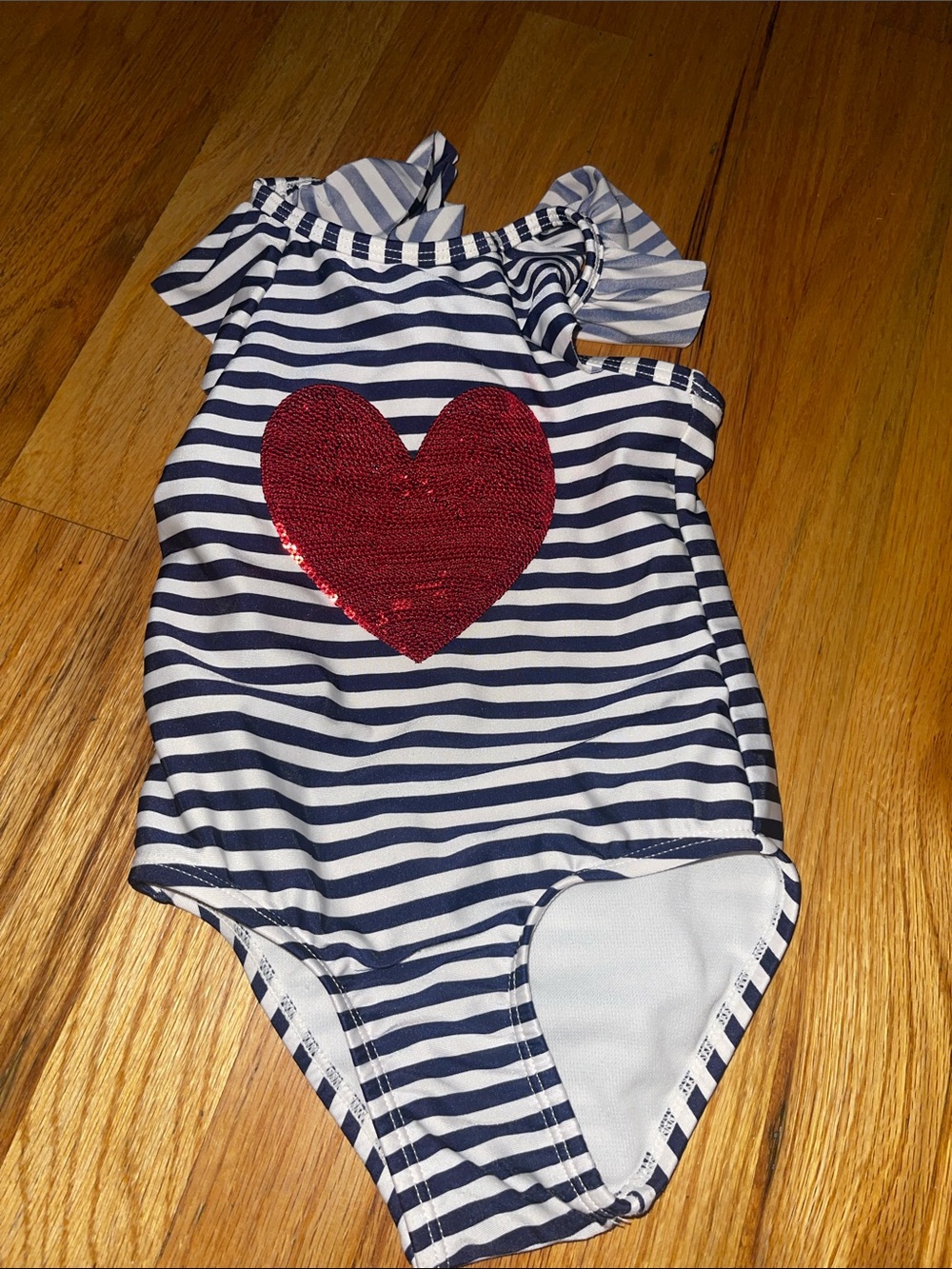 Cat & Jack Navy White Striped One-Piece Swimsuit with Red Sequin Heart